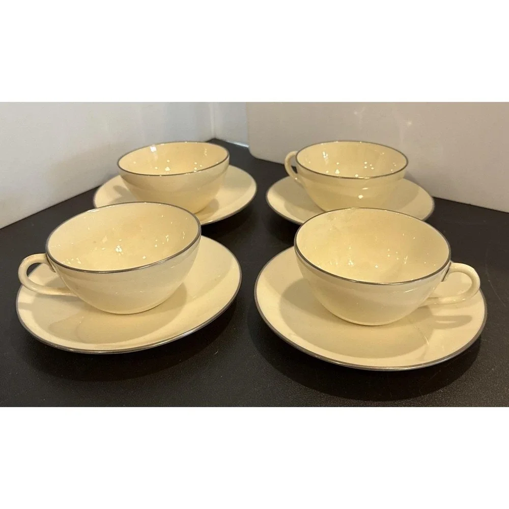 Lenox Olympia Silver Platinum Trim Teacup Tea Cup Saucer Set Of 4 USA X-303P